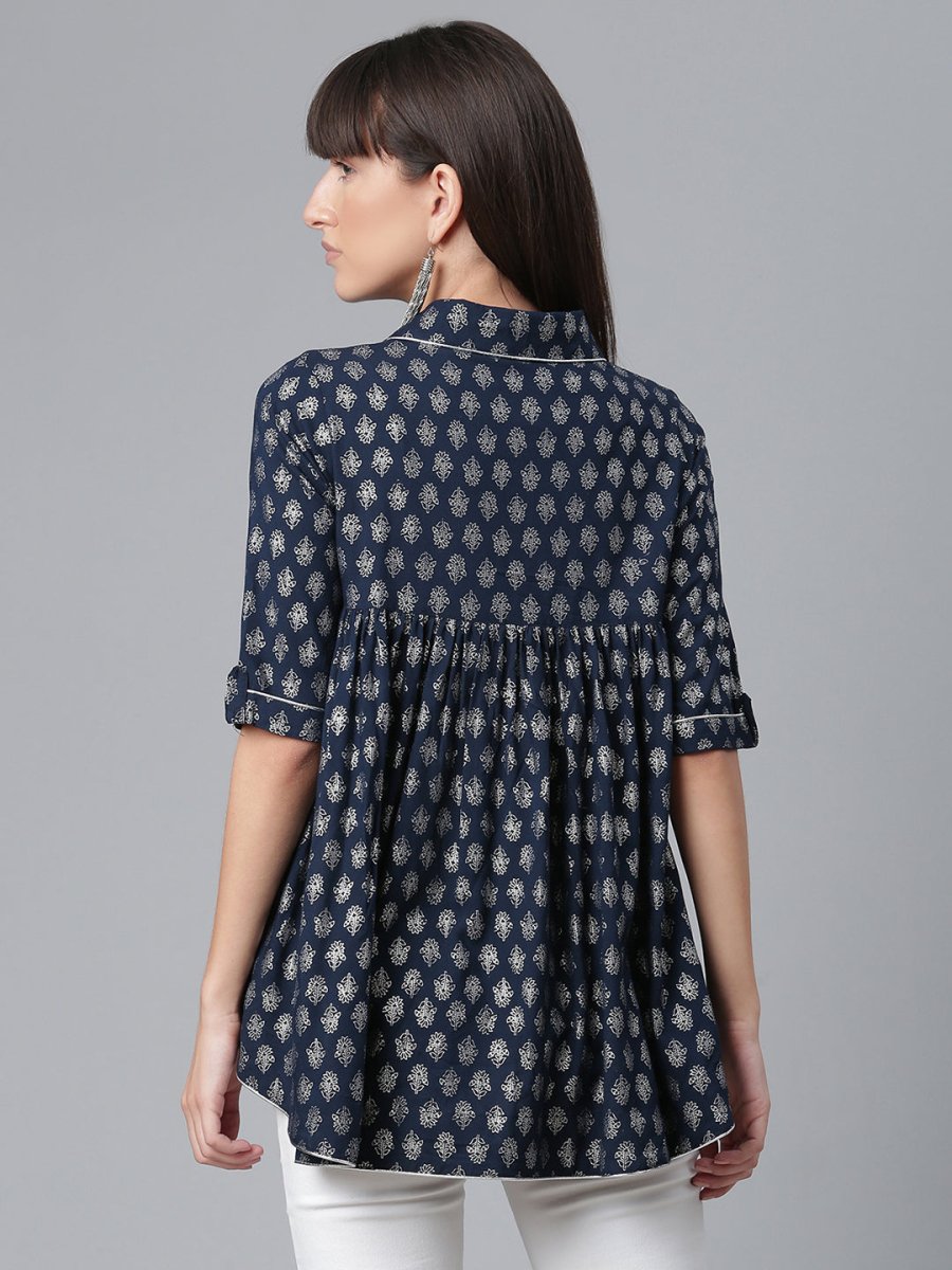 Ahalyaa Viscose Rayon Navy Blue Foil Silver Printed Western Tunic | Swadesiicart