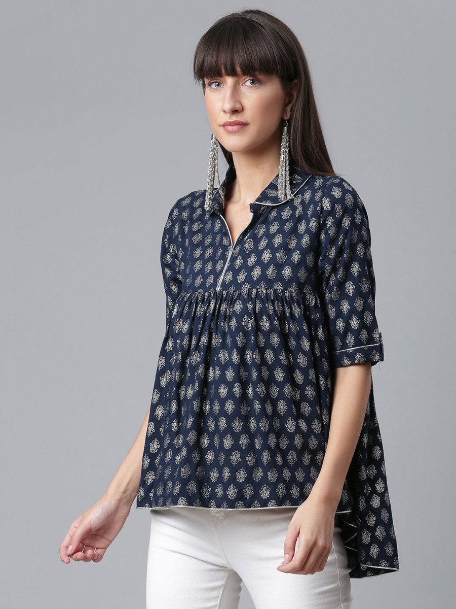 Ahalyaa Viscose Rayon Navy Blue Foil Silver Printed Western Tunic | Swadesiicart