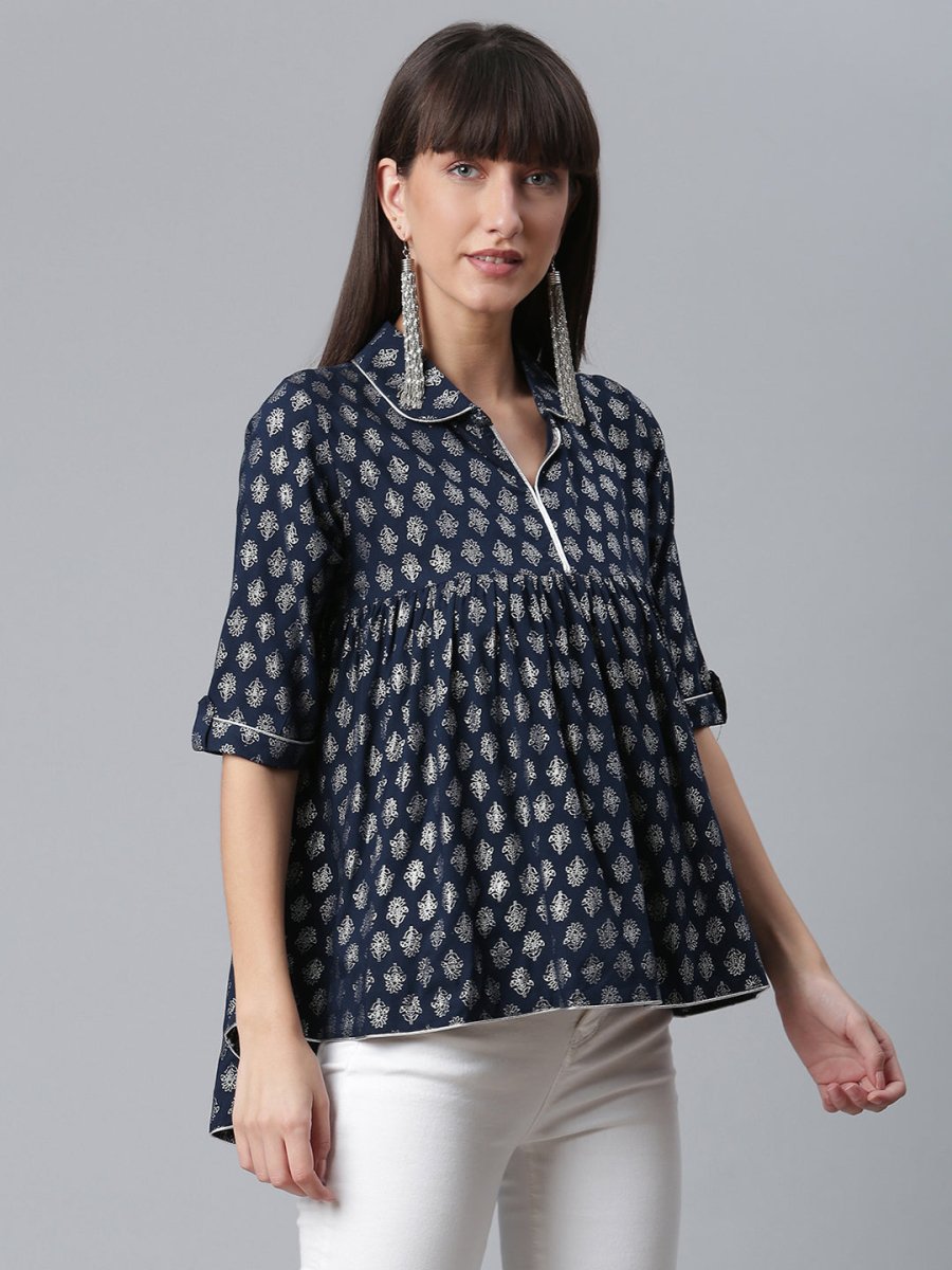 Ahalyaa Viscose Rayon Navy Blue Foil Silver Printed Western Tunic | Swadesiicart