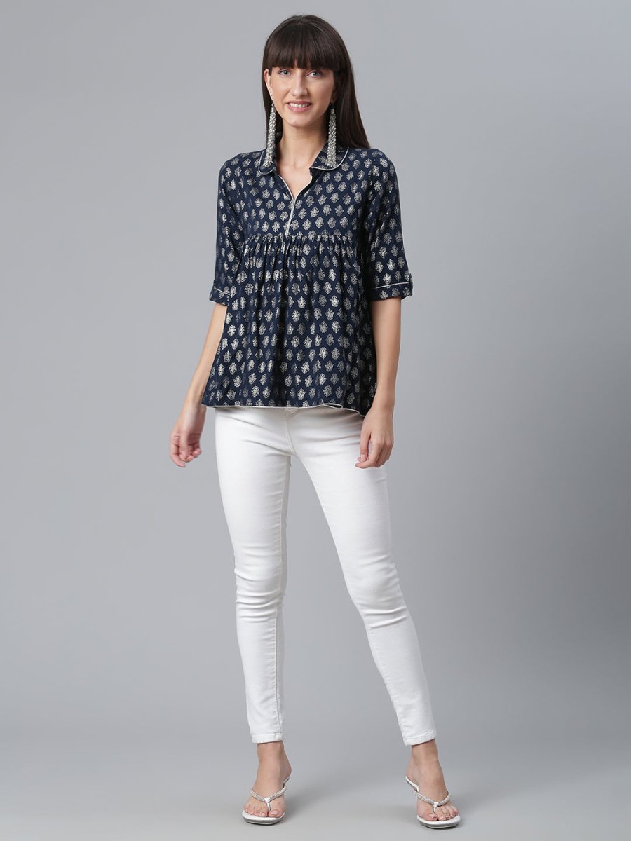 Ahalyaa Viscose Rayon Navy Blue Foil Silver Printed Western Tunic | Swadesiicart