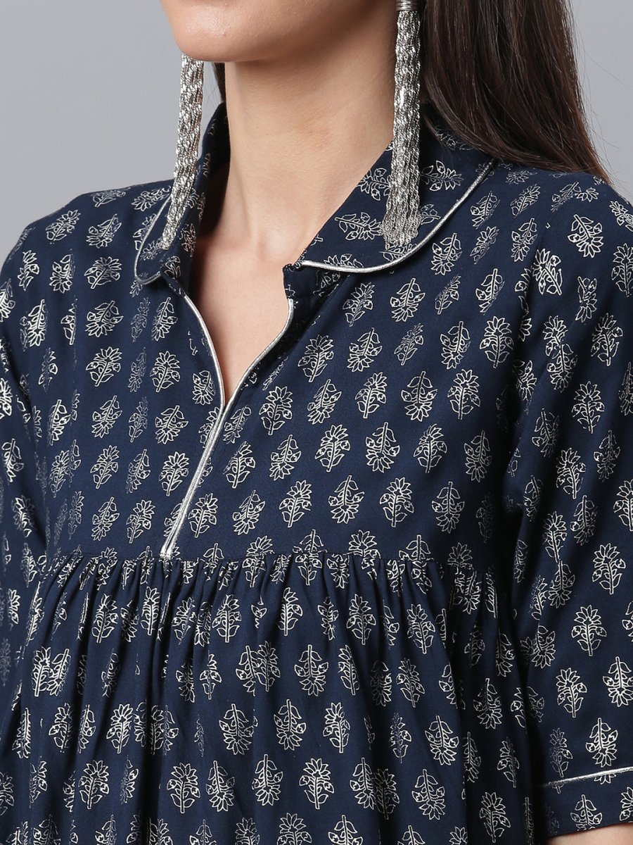 Ahalyaa Viscose Rayon Navy Blue Foil Silver Printed Western Tunic | Swadesiicart