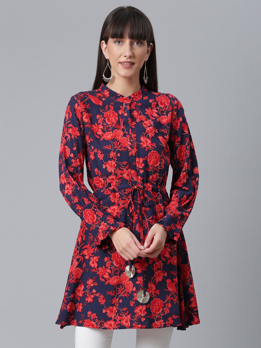 Ahalyaa Navy Blue & Red Mandarin Collar Printed Tunic | Swadesiicart