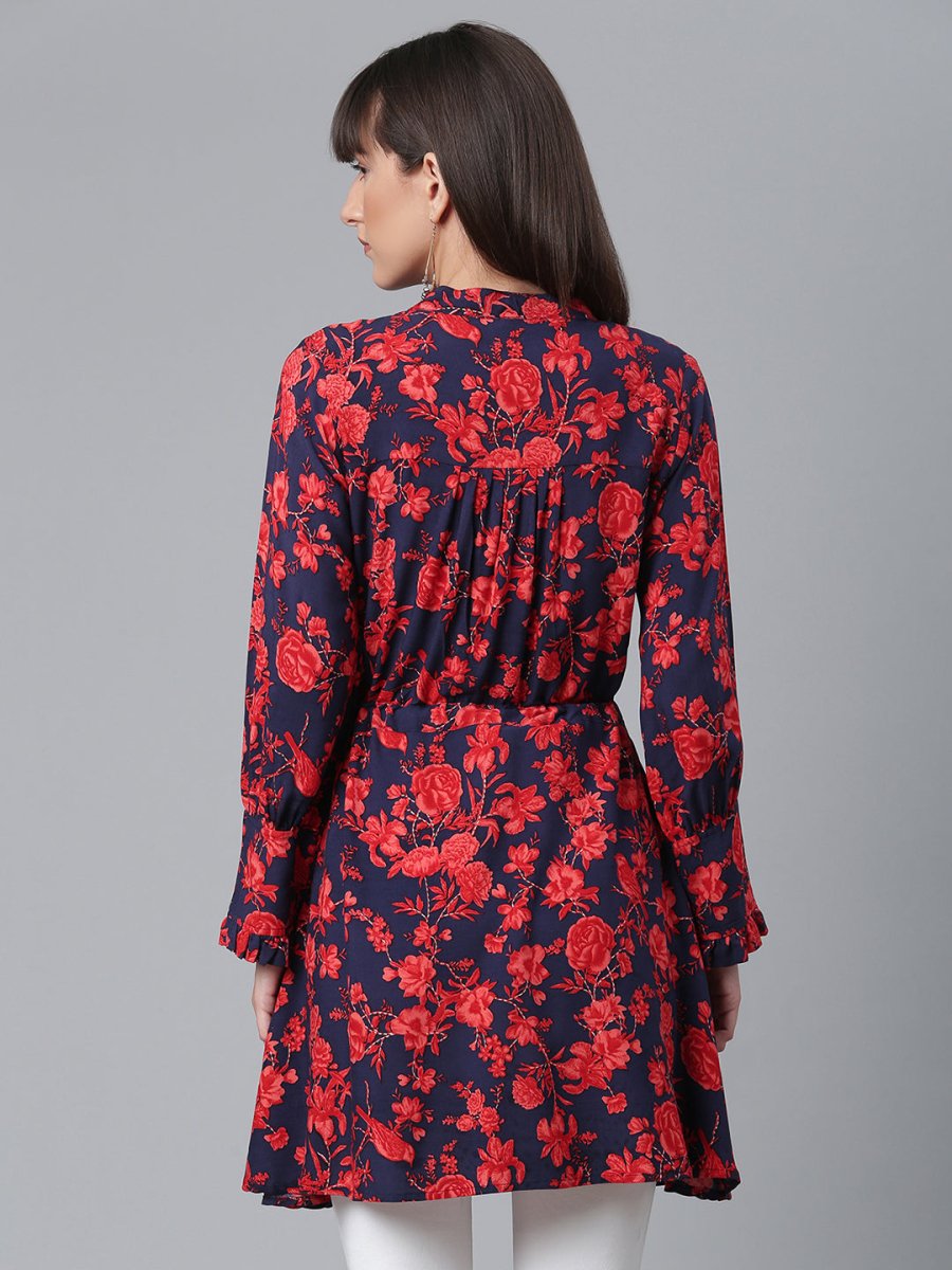 Ahalyaa Navy Blue & Red Mandarin Collar Printed Tunic | Swadesiicart