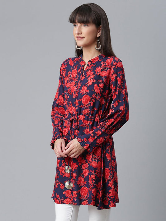 Ahalyaa Navy Blue & Red Mandarin Collar Printed Tunic | Swadesiicart