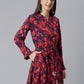 Ahalyaa Navy Blue & Red Mandarin Collar Printed Tunic | Swadesiicart