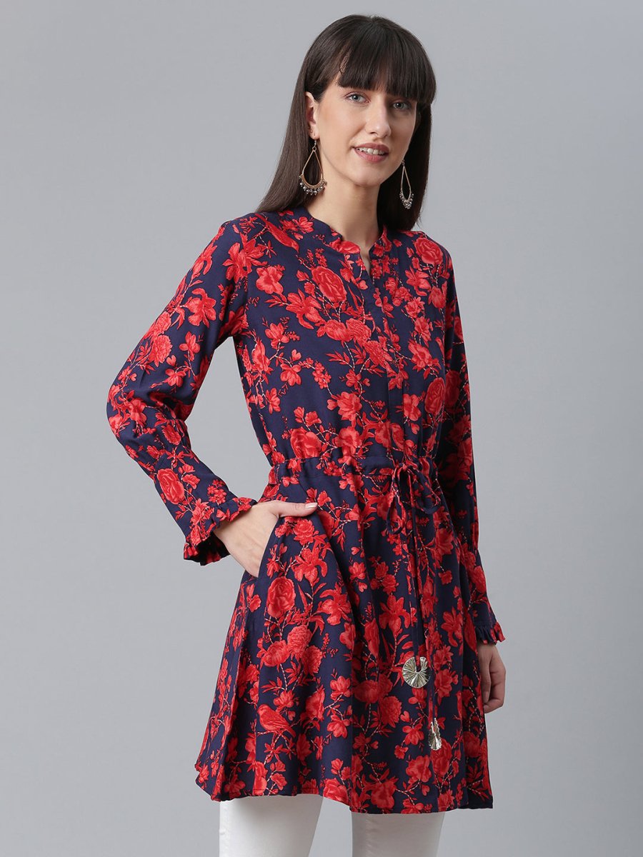 Ahalyaa Navy Blue & Red Mandarin Collar Printed Tunic | Swadesiicart