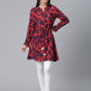Ahalyaa Navy Blue & Red Mandarin Collar Printed Tunic | Swadesiicart