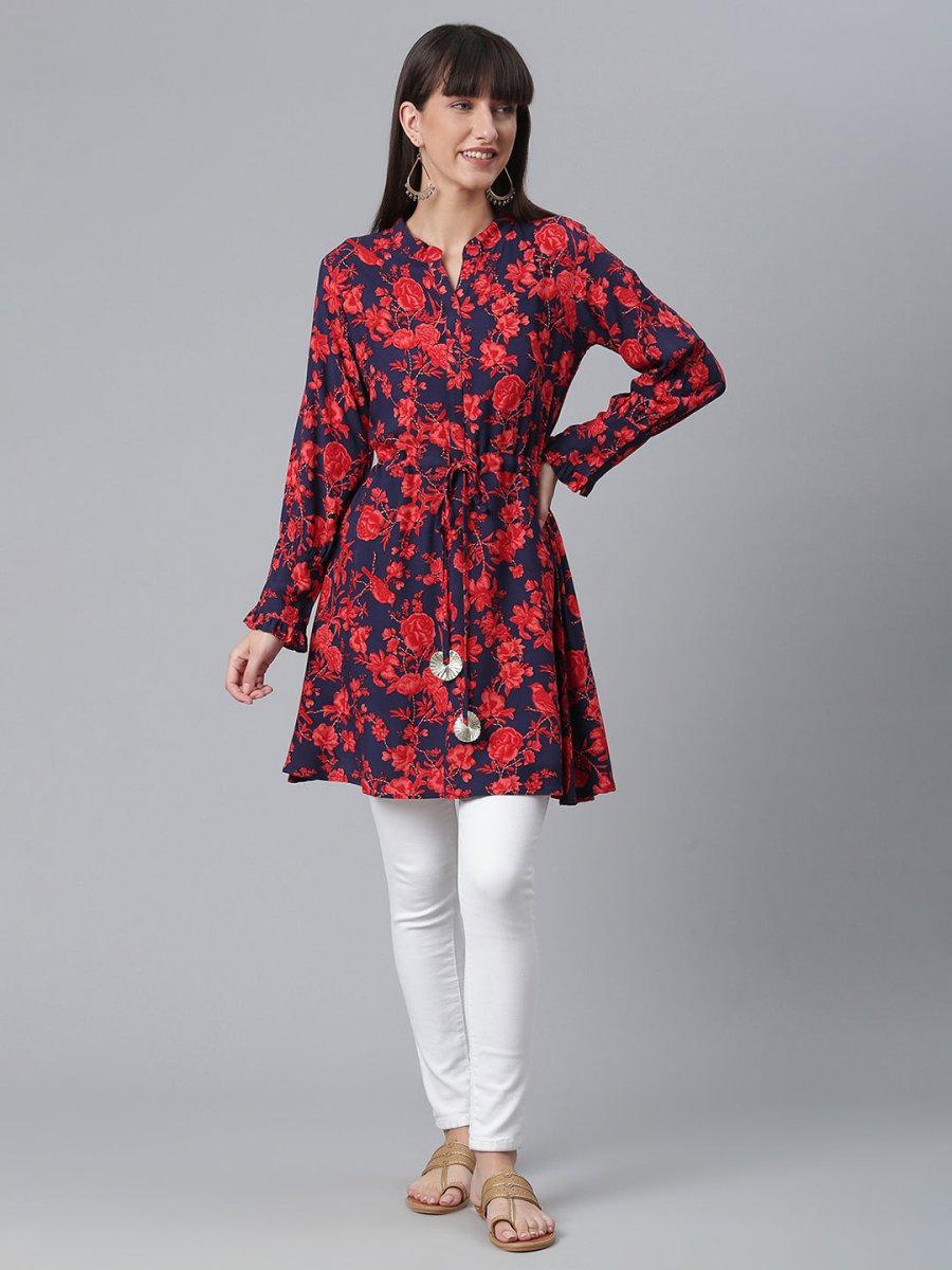 Ahalyaa Navy Blue & Red Mandarin Collar Printed Tunic | Swadesiicart