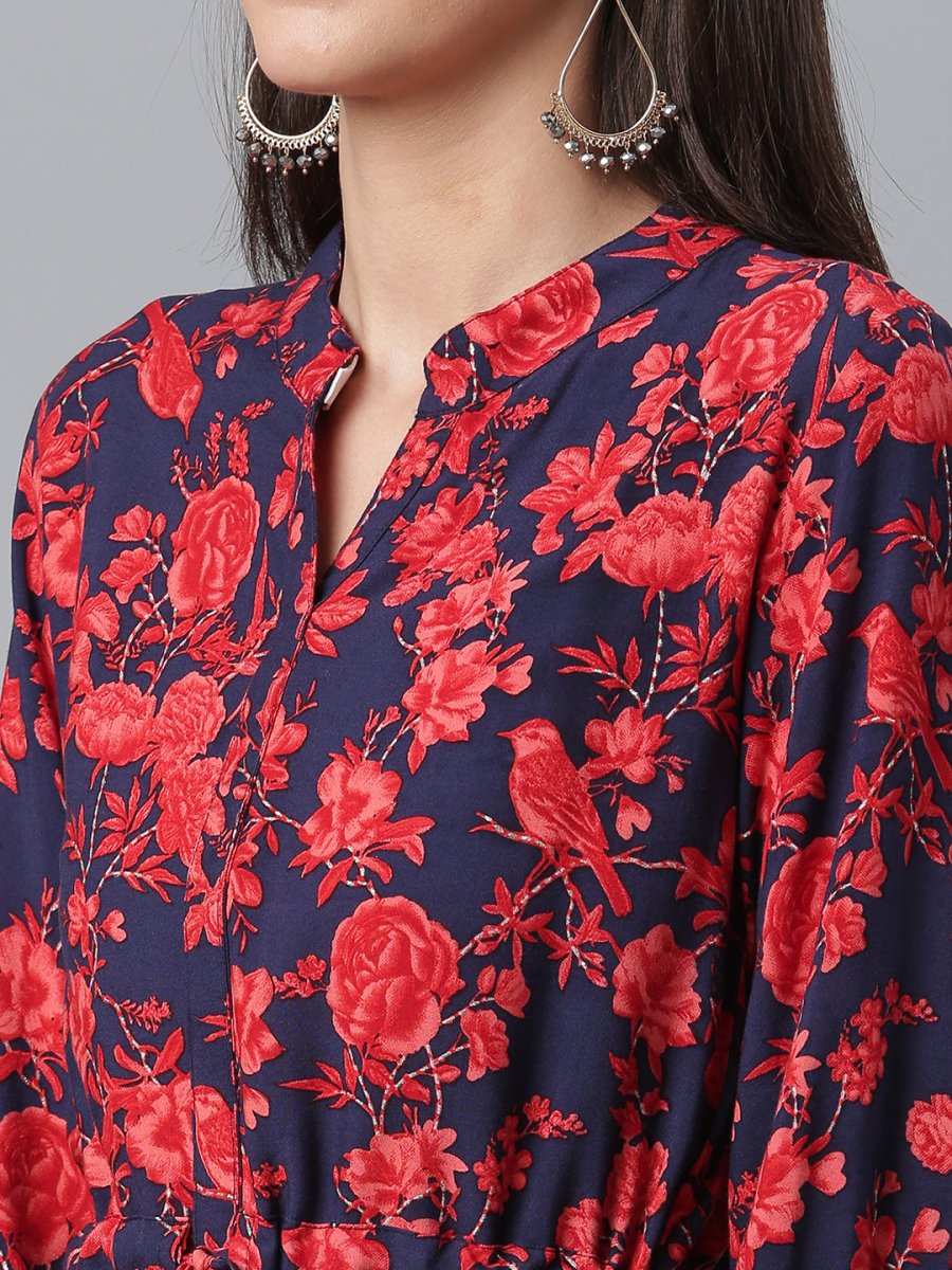 Ahalyaa Navy Blue & Red Mandarin Collar Printed Tunic | Swadesiicart