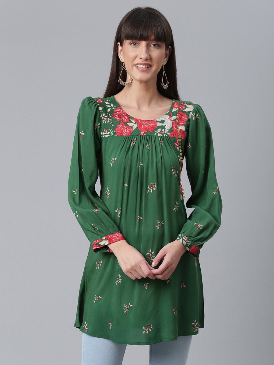 Ahalyaa Green & Pink Printed Tunic | Swadesiicart