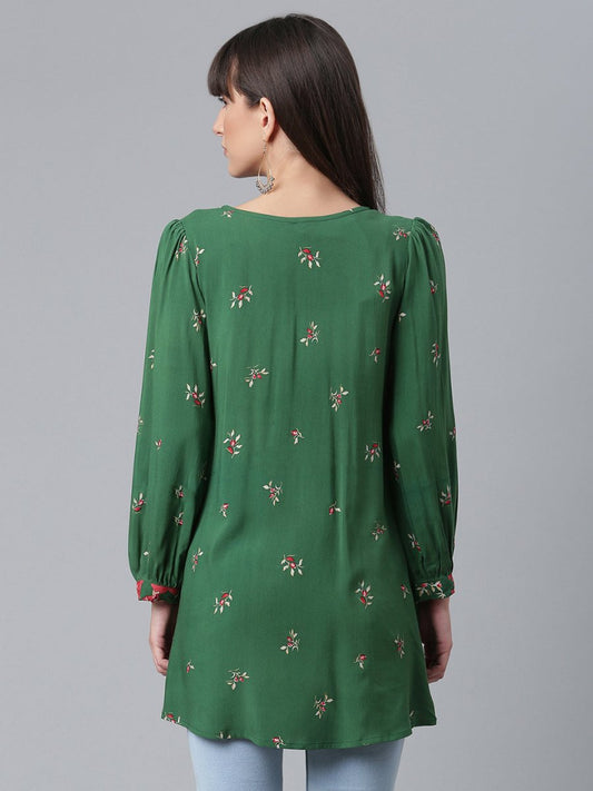Ahalyaa Green & Pink Printed Tunic | Swadesiicart