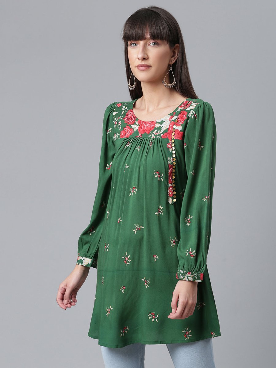 Ahalyaa Green & Pink Printed Tunic | Swadesiicart