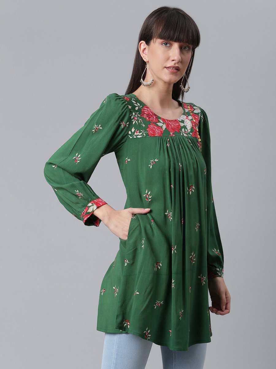 Ahalyaa Green & Pink Printed Tunic | Swadesiicart