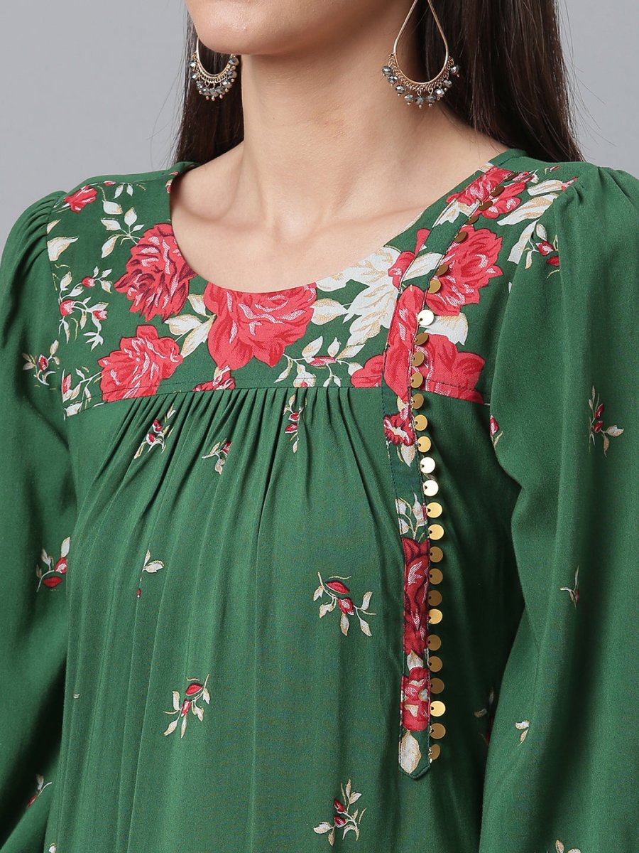 Ahalyaa Green & Pink Printed Tunic | Swadesiicart