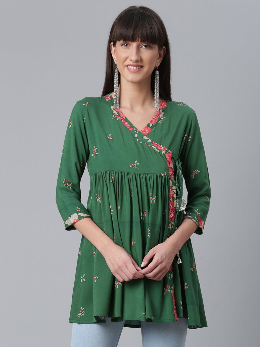 Ahalyaa Green & Pink Floral Printed Tunic | Swadesiicart