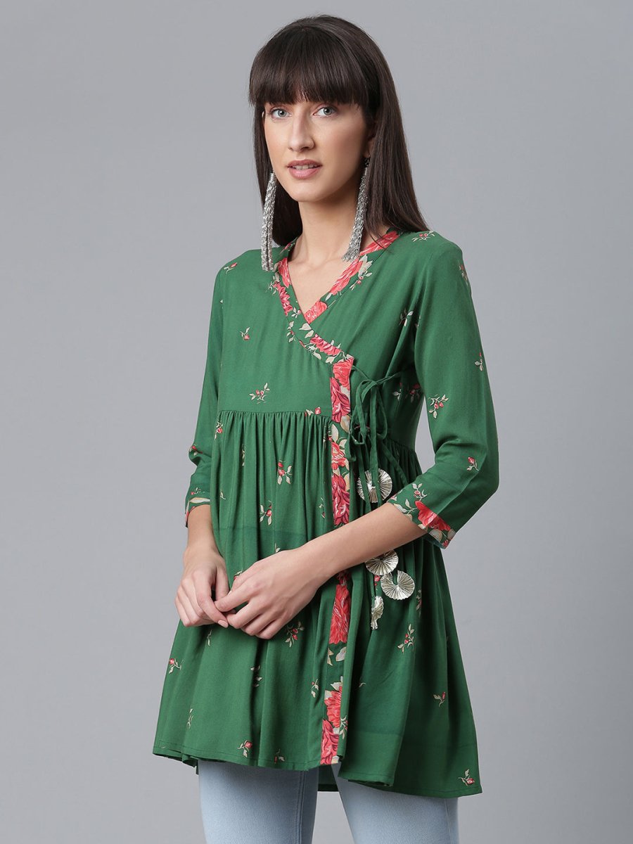 Ahalyaa Green & Pink Floral Printed Tunic | Swadesiicart