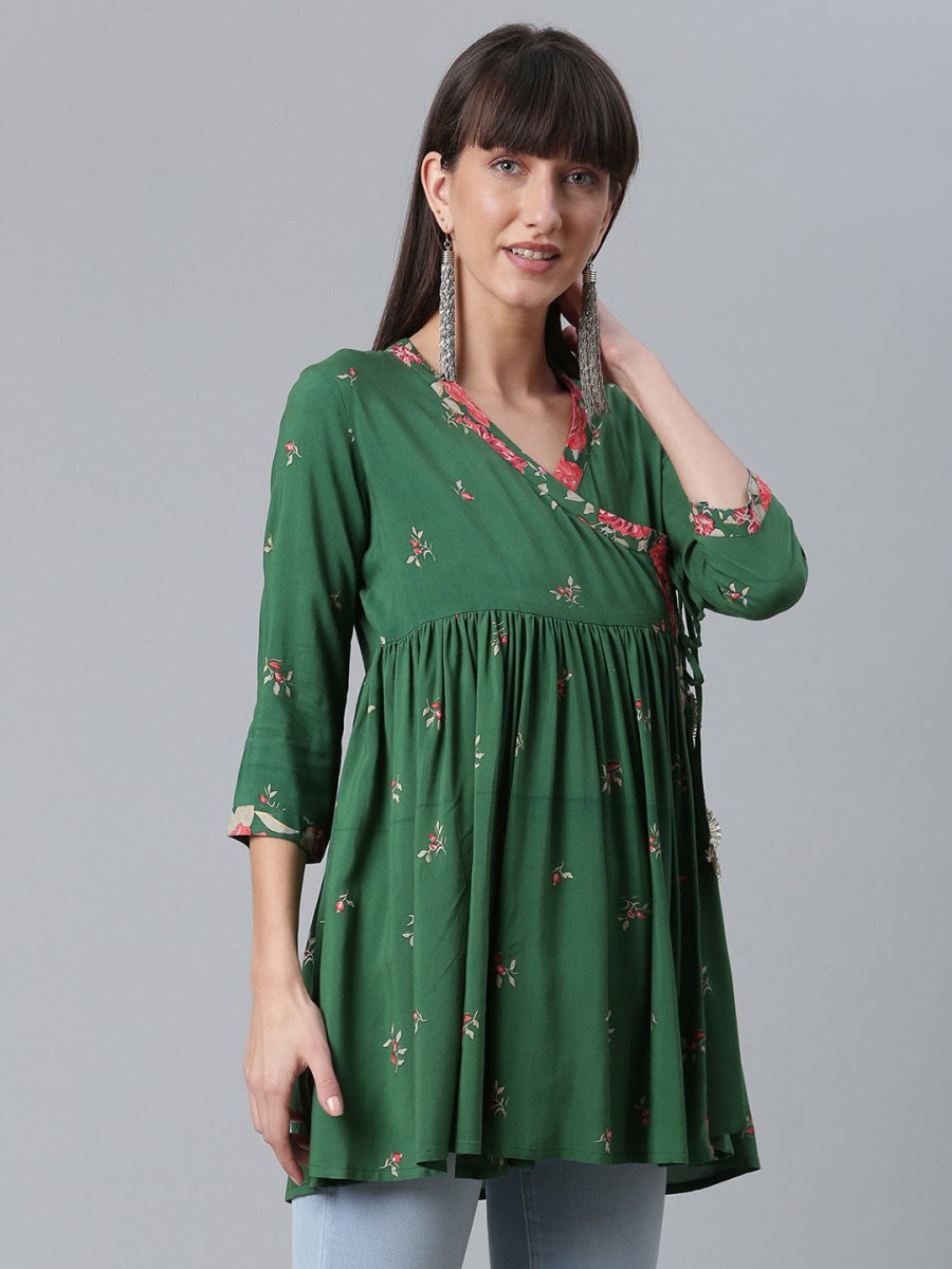 Ahalyaa Green & Pink Floral Printed Tunic | Swadesiicart