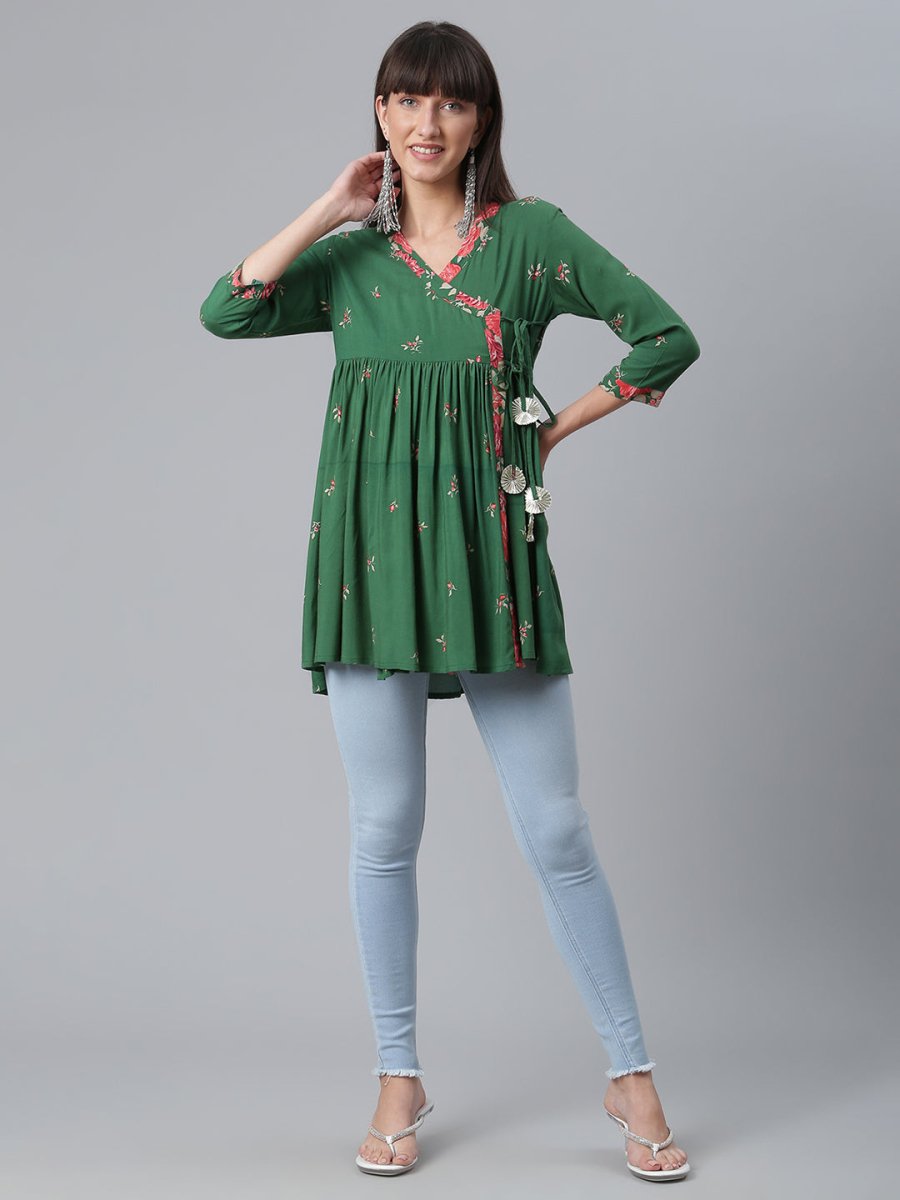 Ahalyaa Green & Pink Floral Printed Tunic | Swadesiicart