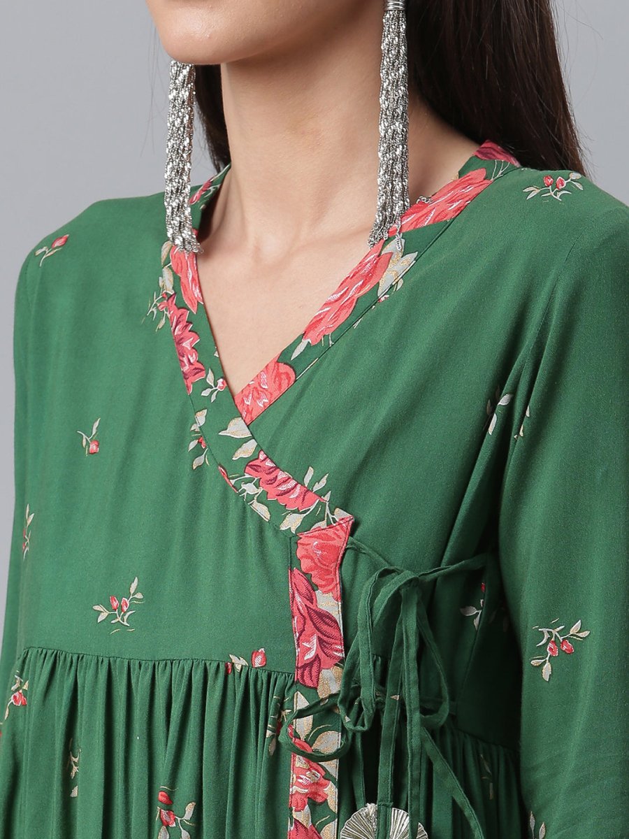 Ahalyaa Green & Pink Floral Printed Tunic | Swadesiicart