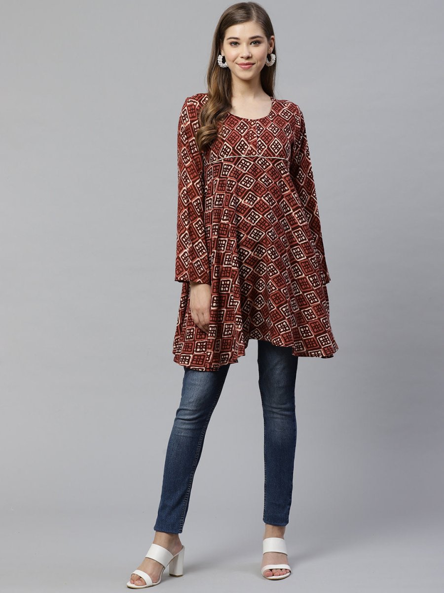 Ahalyaa Maroon & Beige Ethnic Printed Asymmetric Tunic | Swadesiicart