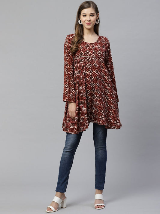 Ahalyaa Maroon & Beige Ethnic Printed Asymmetric Tunic | Swadesiicart