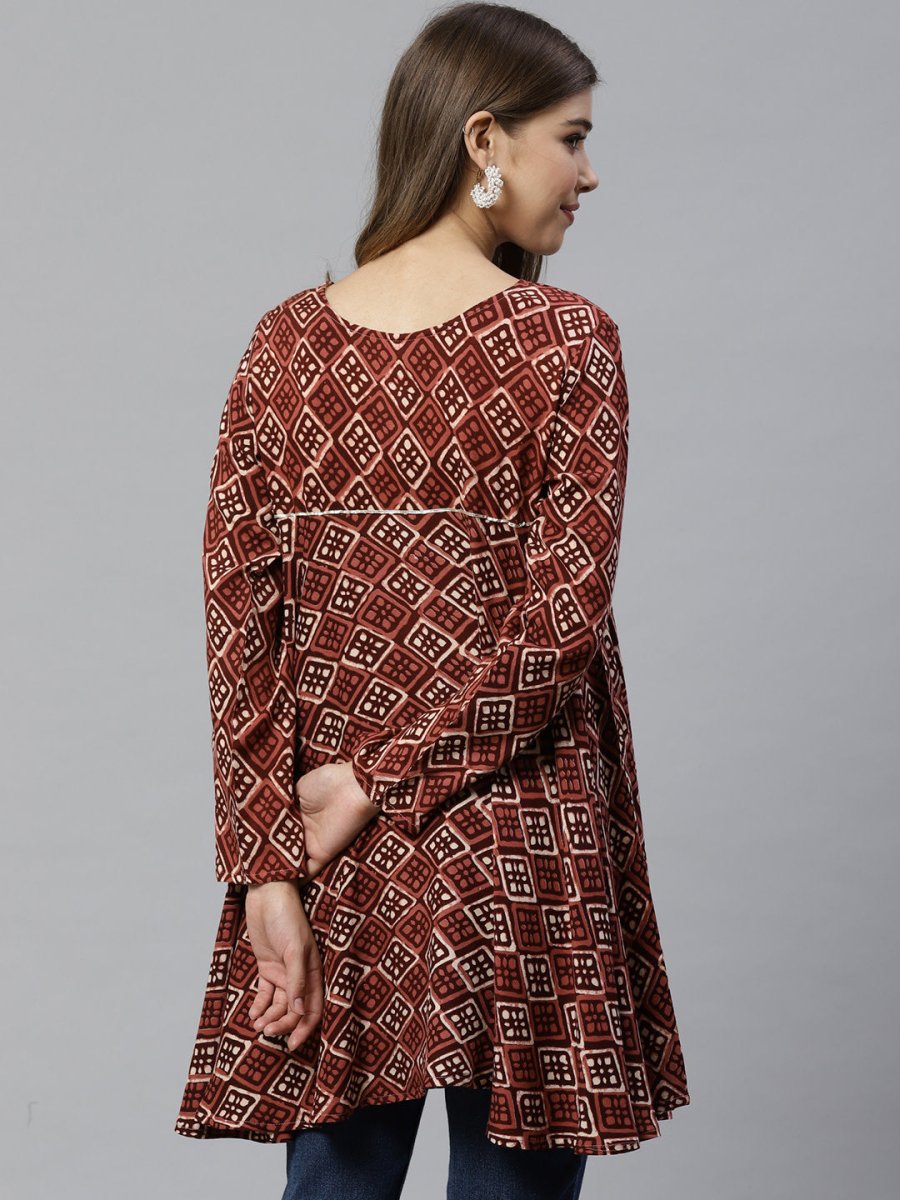 Ahalyaa Maroon & Beige Ethnic Printed Asymmetric Tunic | Swadesiicart