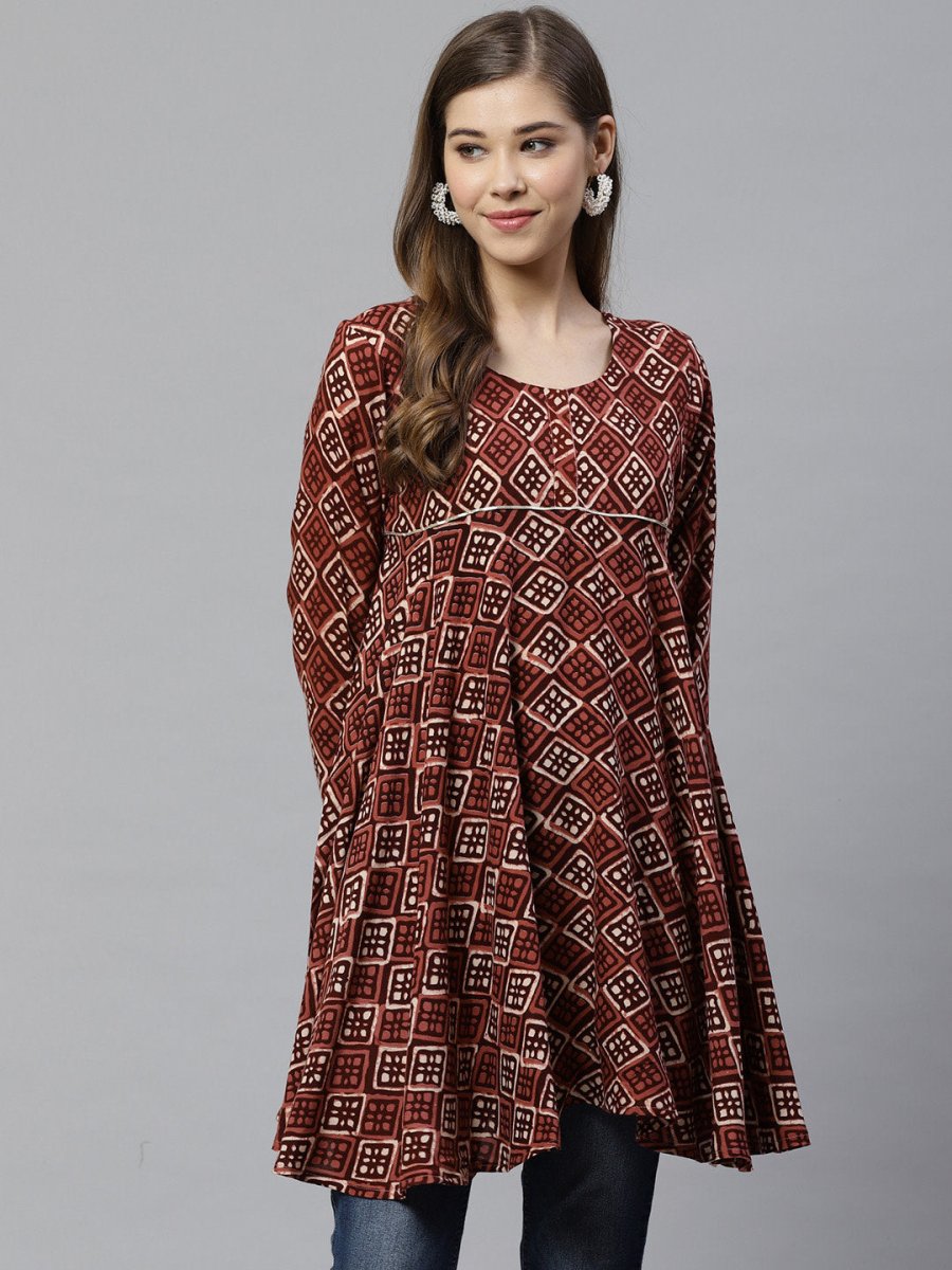 Ahalyaa Maroon & Beige Ethnic Printed Asymmetric Tunic | Swadesiicart