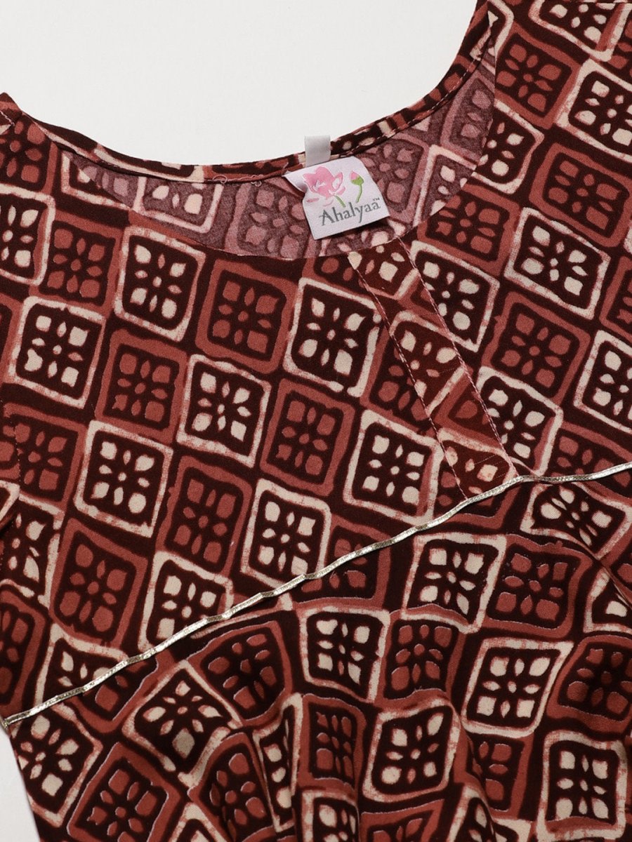 Ahalyaa Maroon & Beige Ethnic Printed Asymmetric Tunic | Swadesiicart