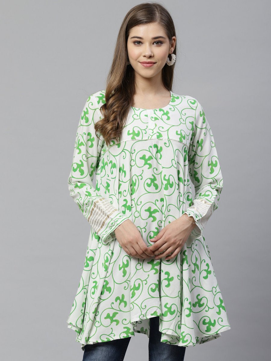 Ahalyaa White & Green Ethnic Printed Asymmetric Tunic | Swadesiicart