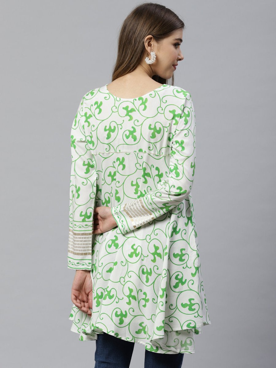 Ahalyaa White & Green Ethnic Printed Asymmetric Tunic | Swadesiicart