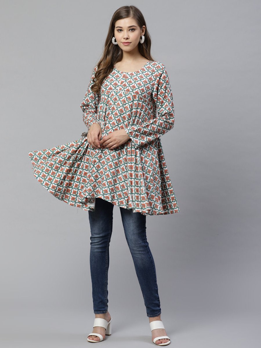 Ahalyaa White & Teal Green Ethnic Printed Asymmetric Tunic | Swadesiicart