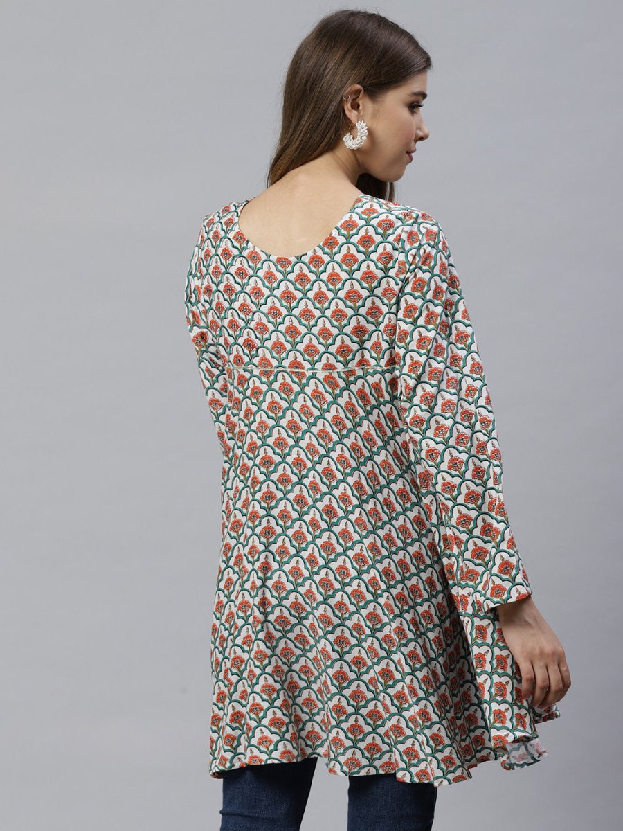 Ahalyaa White & Teal Green Ethnic Printed Asymmetric Tunic | Swadesiicart
