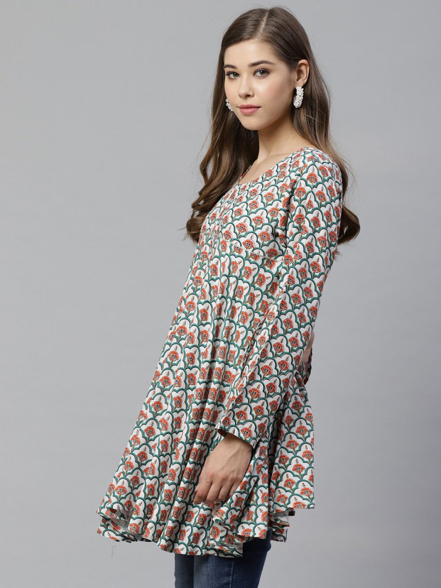 Ahalyaa White & Teal Green Ethnic Printed Asymmetric Tunic | Swadesiicart