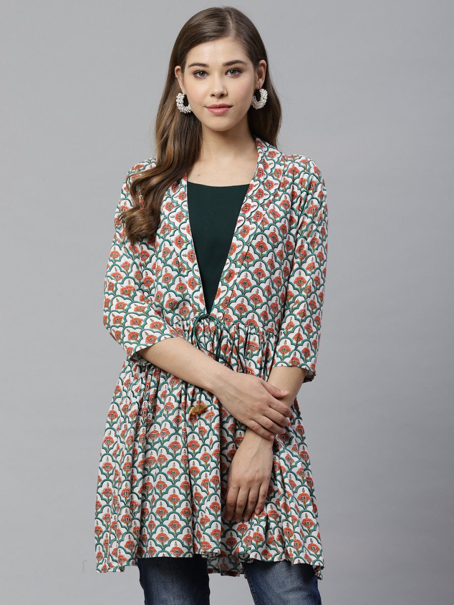 Ahalyaa White & Teal Green Ethnic Printed Waist Tie-Up Tunic | Swadesiicart