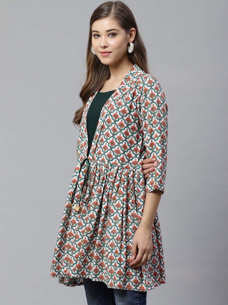 Ahalyaa White & Teal Green Ethnic Printed Waist Tie-Up Tunic | Swadesiicart