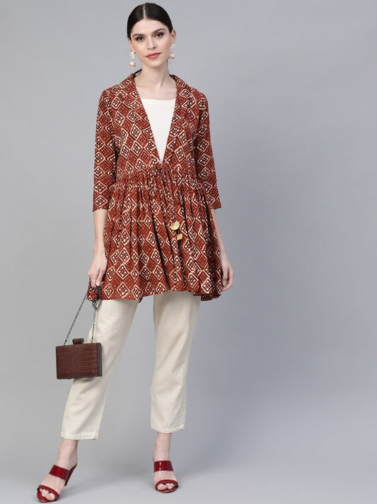 Ahalyaa Brown & Cream-Coloured Printed A-Line Tunic | Swadesiicart