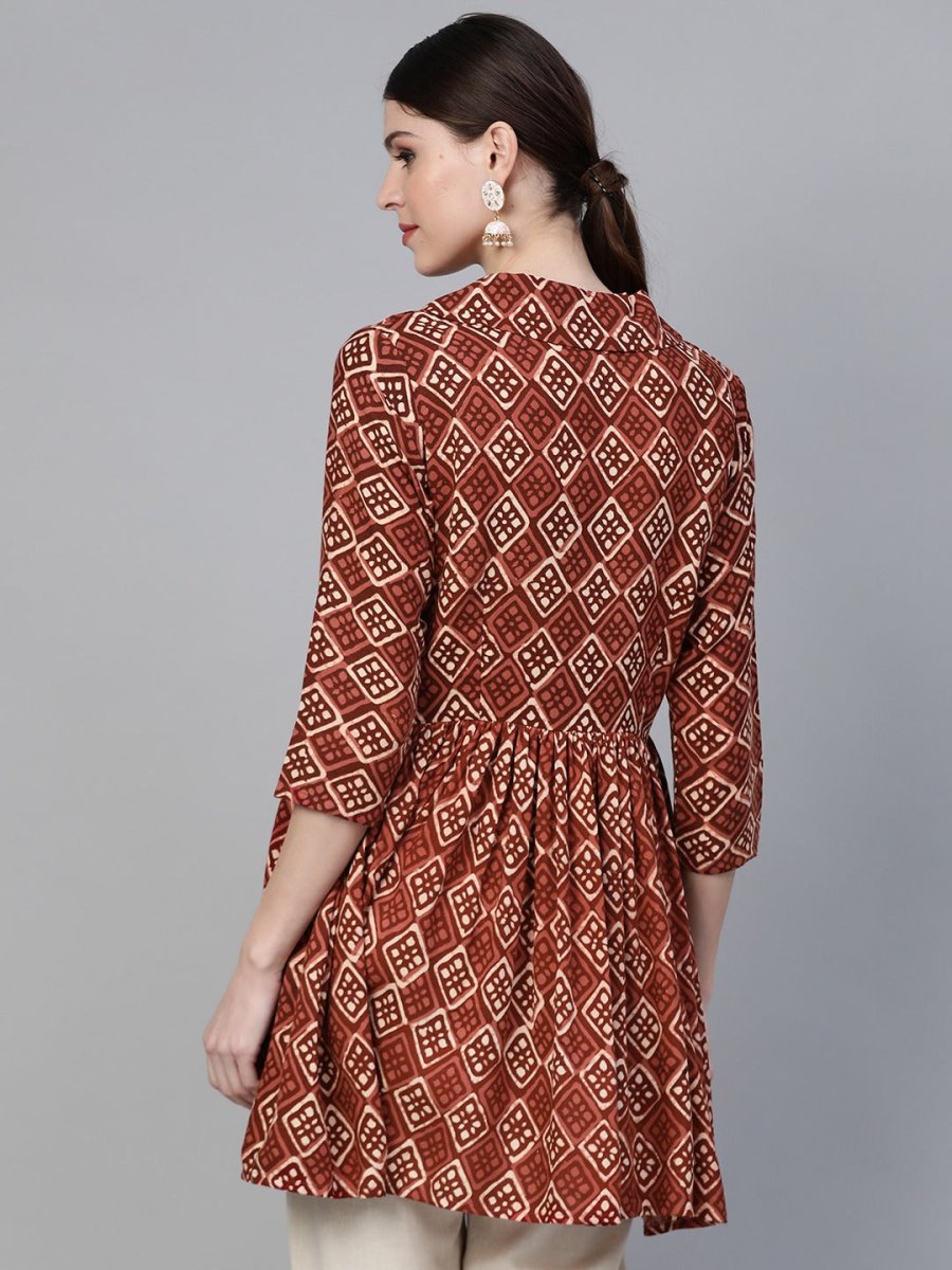 Ahalyaa Brown & Cream-Coloured Printed A-Line Tunic | Swadesiicart