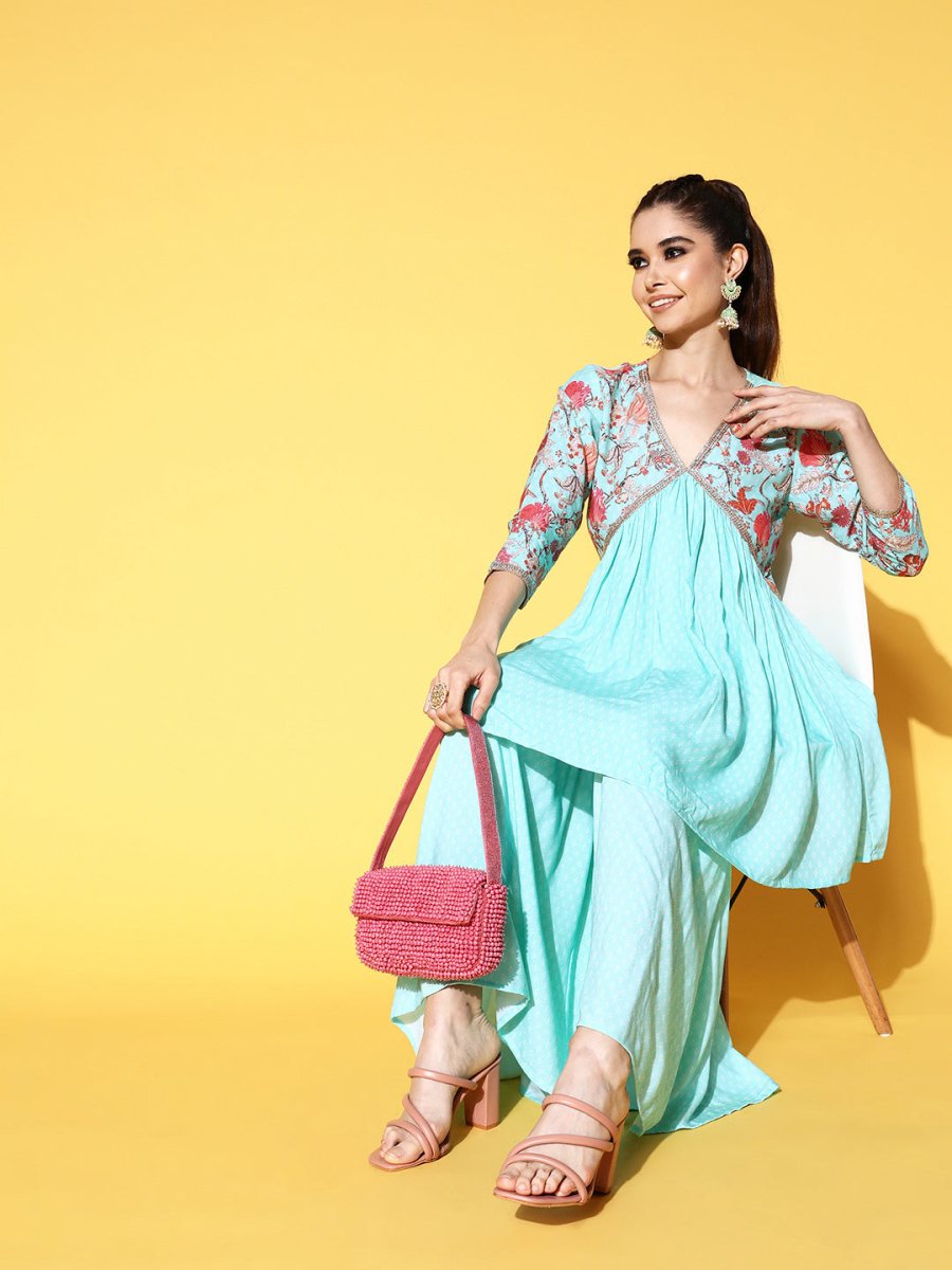 Ahalyaa Women Floral Printed Pleated Kurti with Sharara | Swadesiicart