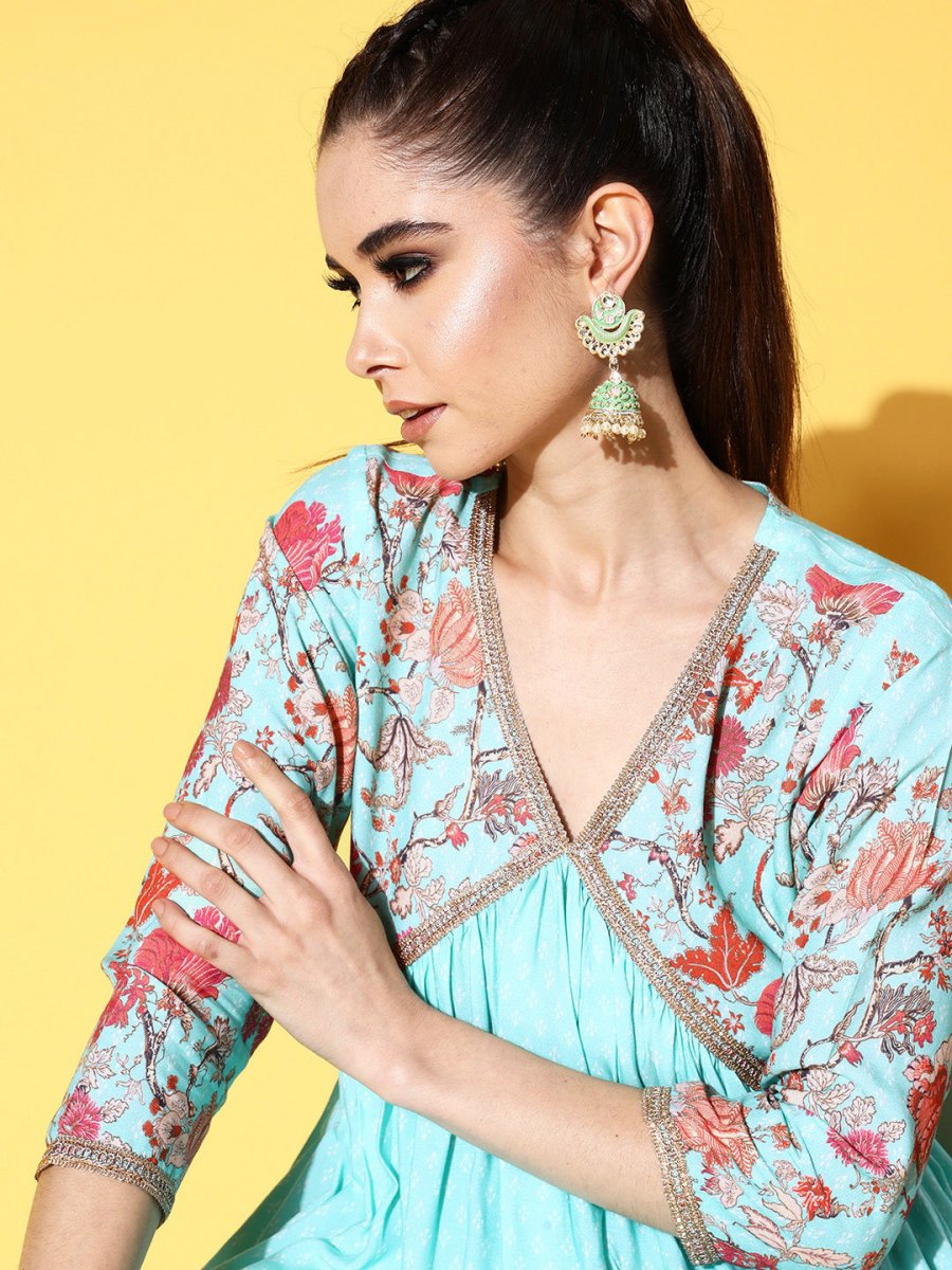 Ahalyaa Women Floral Printed Pleated Kurti with Sharara | Swadesiicart