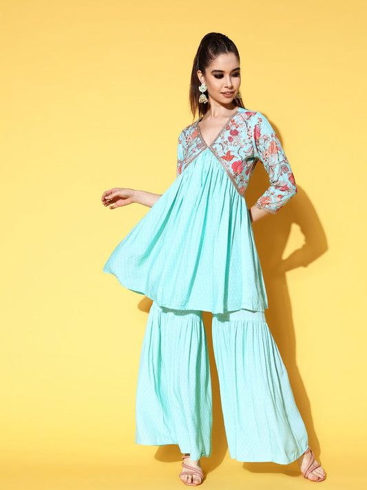 Ahalyaa Women Floral Printed Pleated Kurti with Sharara | Swadesiicart
