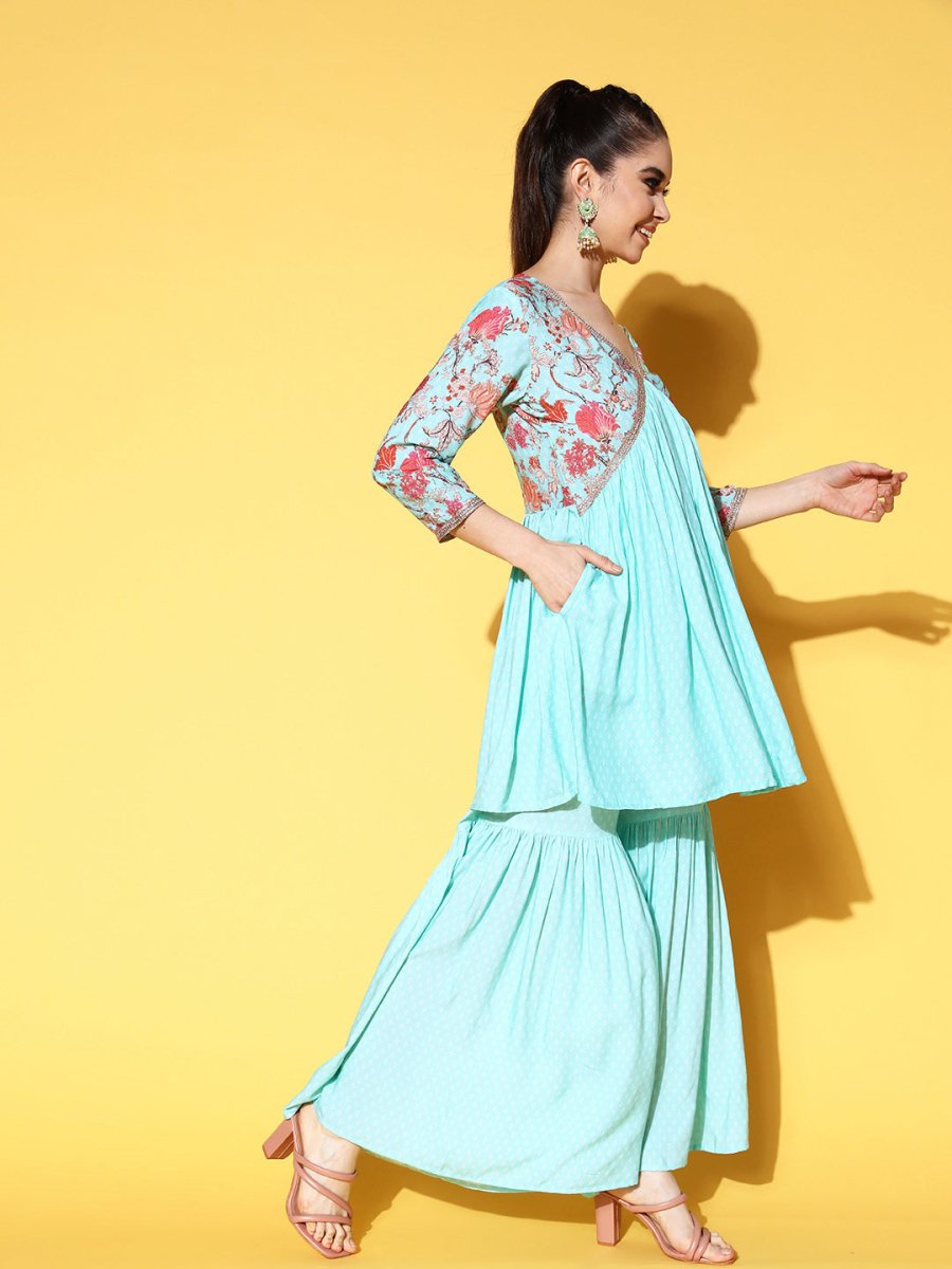 Ahalyaa Women Floral Printed Pleated Kurti with Sharara | Swadesiicart