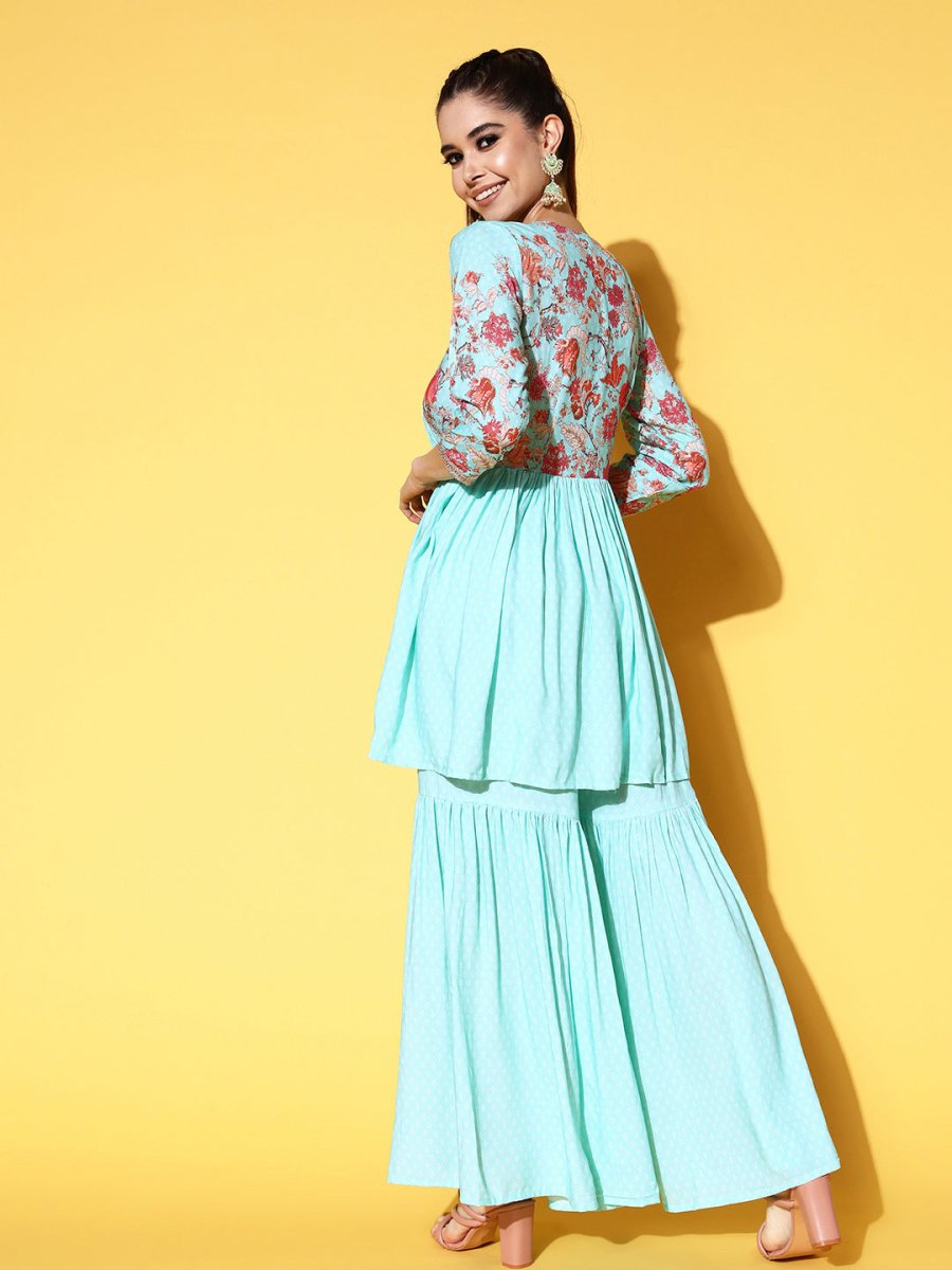 Ahalyaa Women Floral Printed Pleated Kurti with Sharara | Swadesiicart