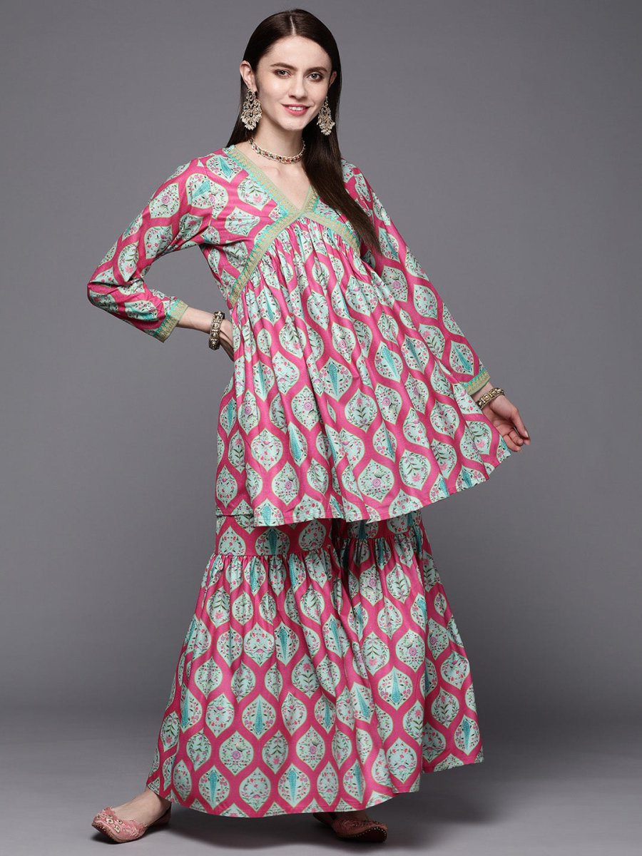 Ahalyaa Women Pink Ethnic Motifs Gotta Patti Velvet Kurta with Palazzos | Swadesiicart