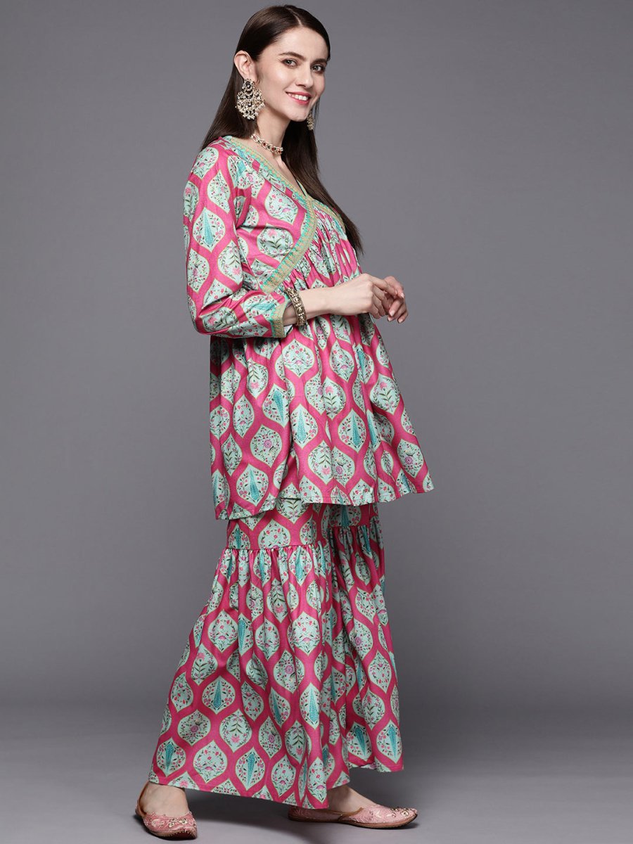 Ahalyaa Women Pink Ethnic Motifs Gotta Patti Velvet Kurta with Palazzos | Swadesiicart