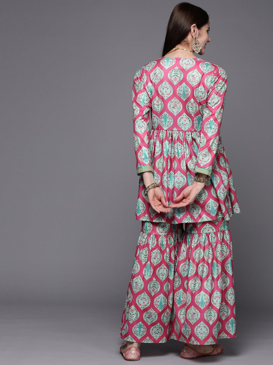 Ahalyaa Women Pink Ethnic Motifs Gotta Patti Velvet Kurta with Palazzos | Swadesiicart