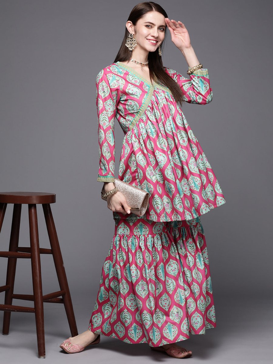 Ahalyaa Women Pink Ethnic Motifs Gotta Patti Velvet Kurta with Palazzos | Swadesiicart