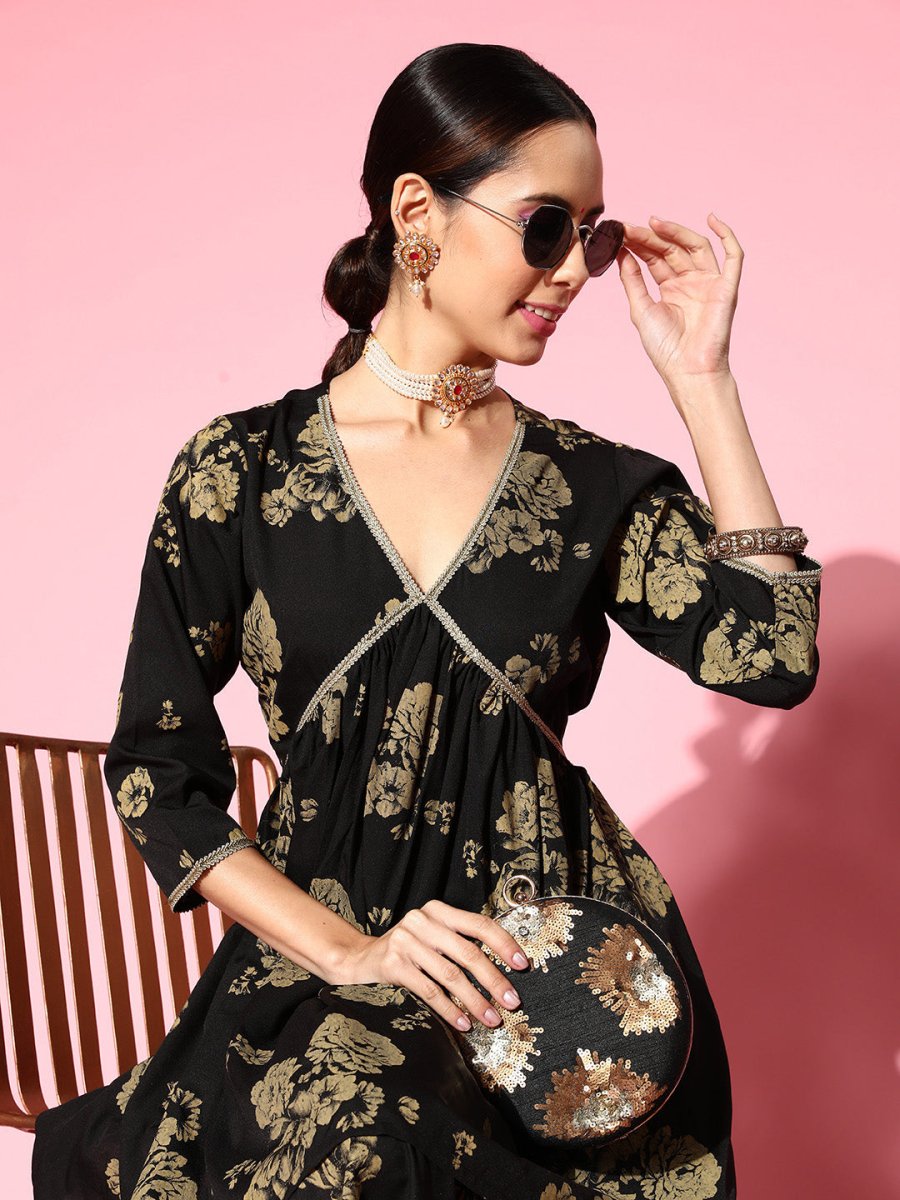 Ahalyaa Women Floral Printed Empire Gotta Patti Kurta with Sharara | Swadesiicart