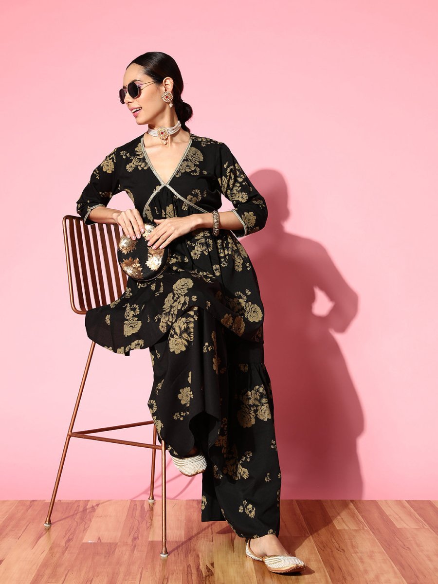 Ahalyaa Women Floral Printed Empire Gotta Patti Kurta with Sharara | Swadesiicart
