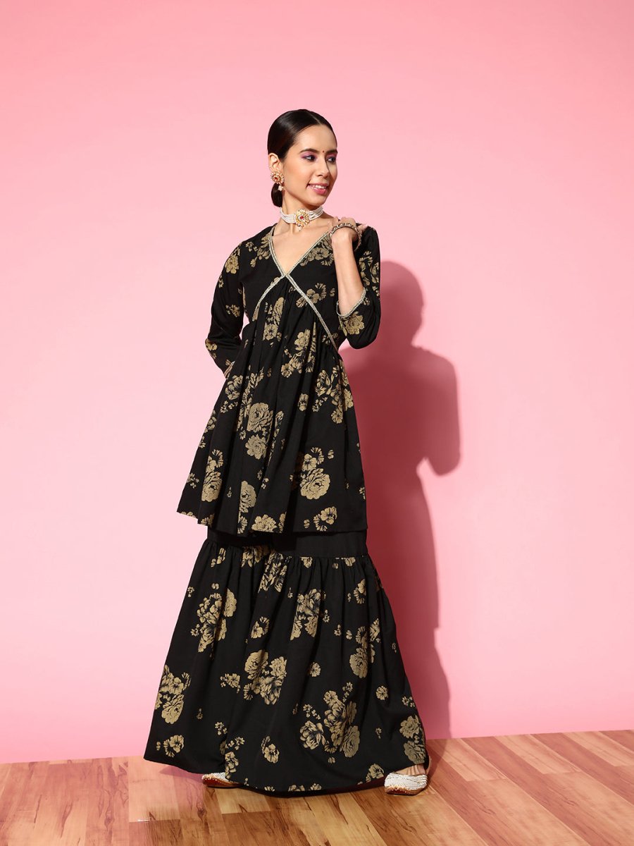 Ahalyaa Women Floral Printed Empire Gotta Patti Kurta with Sharara | Swadesiicart