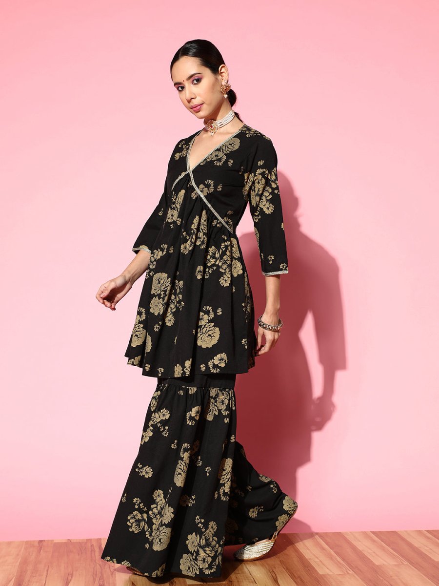 Ahalyaa Women Floral Printed Empire Gotta Patti Kurta with Sharara | Swadesiicart